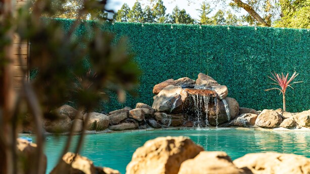 Une piscine agrémentée d’une cascade, entourée de rochers et d’une haie verdoyante.