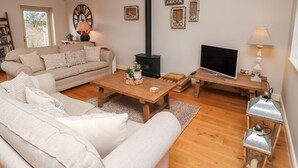 Una sala de estar acogedora con un sofá, una mesa de centro, un televisor y una chimenea.