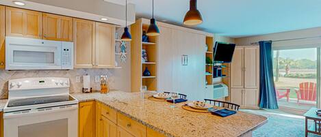 Fridge, microwave, oven, stovetop