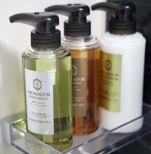 Asciugacapelli, asciugamani, sapone, shampoo