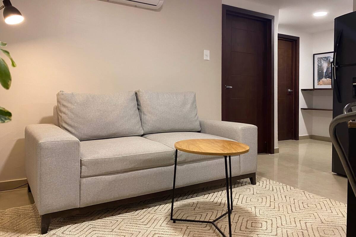 Un salon avec un canapé gris, une petite table d’appoint en bois, un tapis à motifs et un climatiseur fixé au mur.