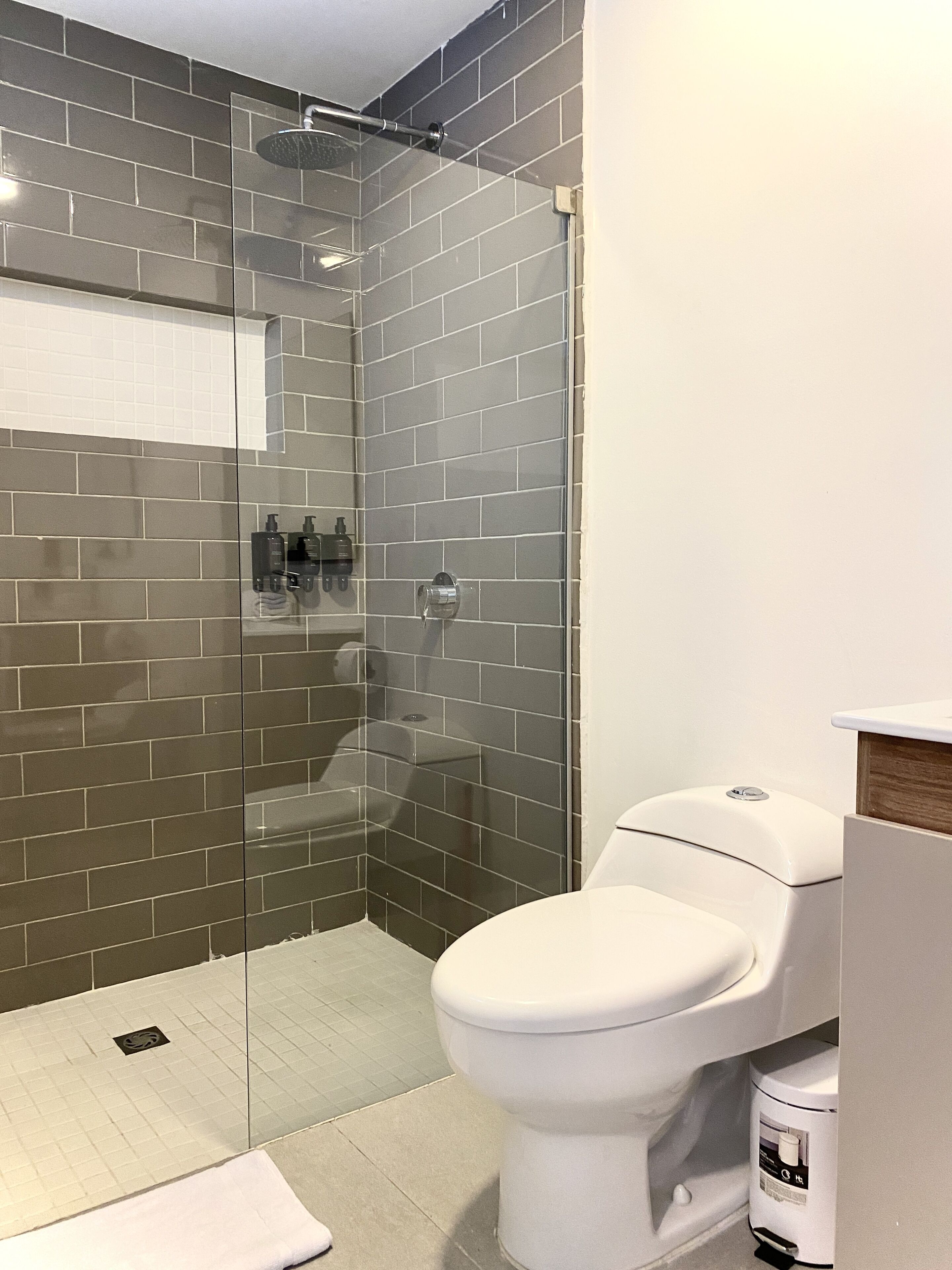 A modern bathroom with a glass-enclosed shower, a white toilet, and a bidet.