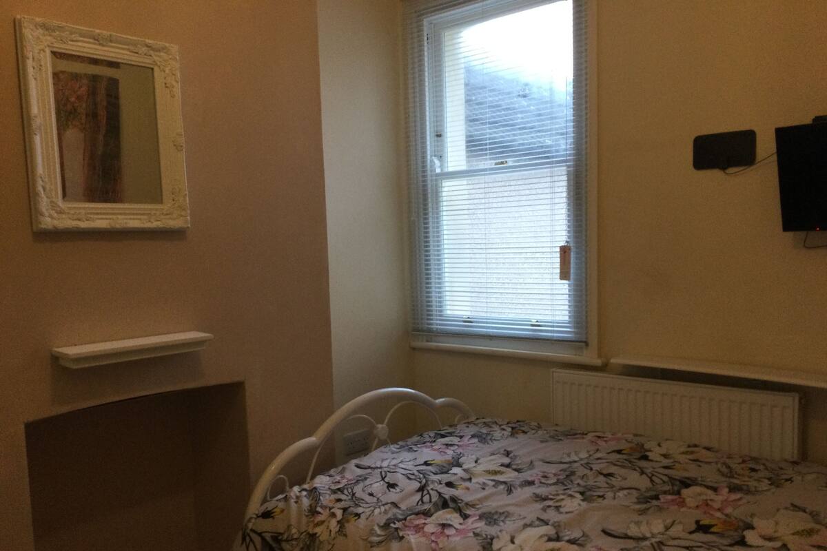 A bedroom with a bed, a window with blinds, a radiator, and a wall-mounted TV.