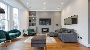 Smart TV, fireplace, books