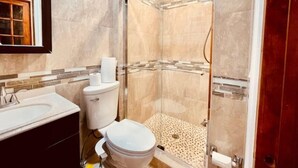 A bathroom with a toilet, sink, and shower area. - Adorable 1 bedroom mins away to NYC in Teaneck

 (Teaneck)