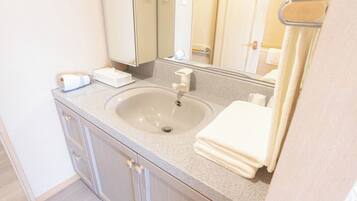 Hair dryer, towels, soap, shampoo