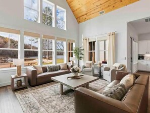 Smart TV, fireplace, books