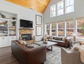 Smart TV, fireplace, books