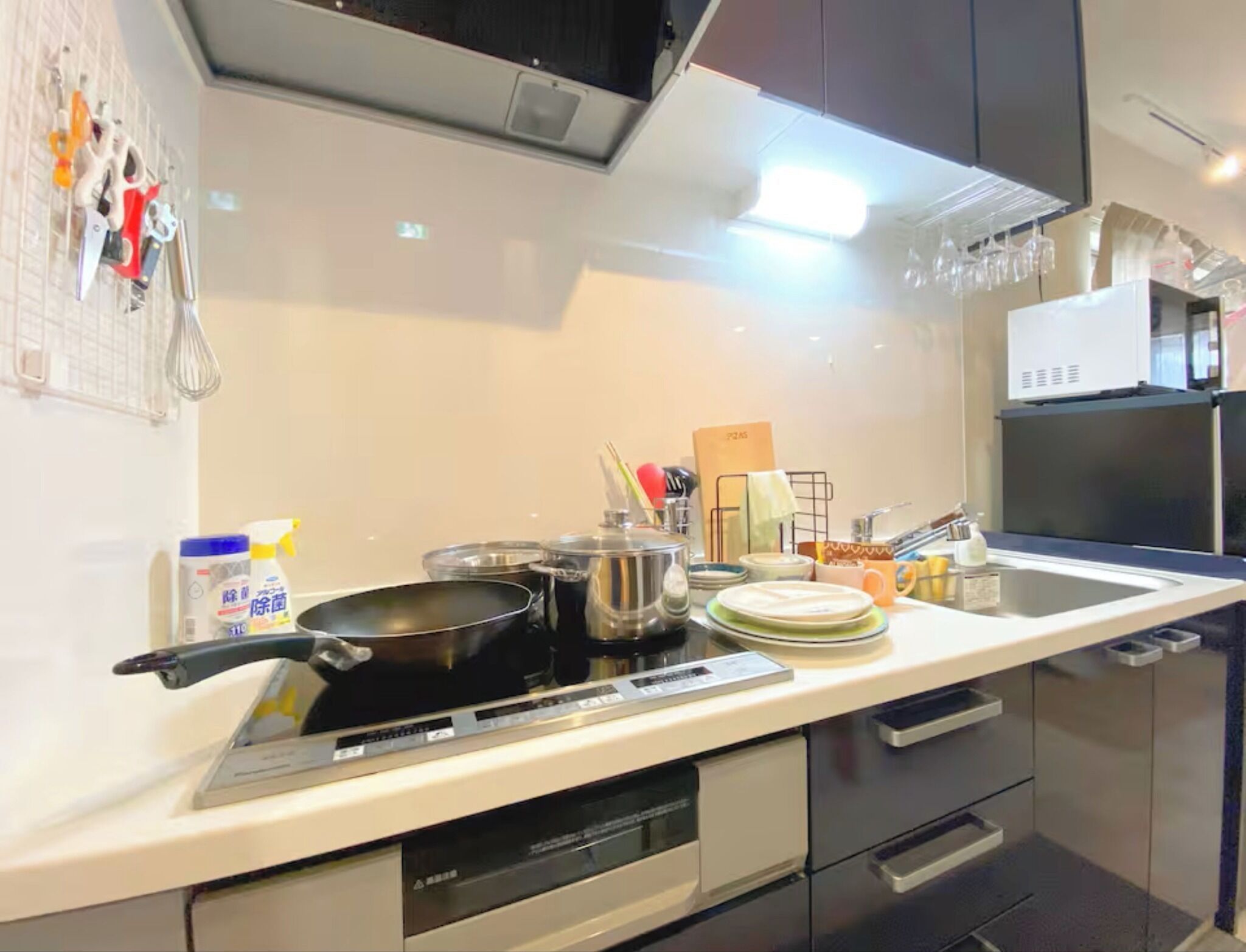 Fridge, microwave, stovetop, cookware/dishes/utensils