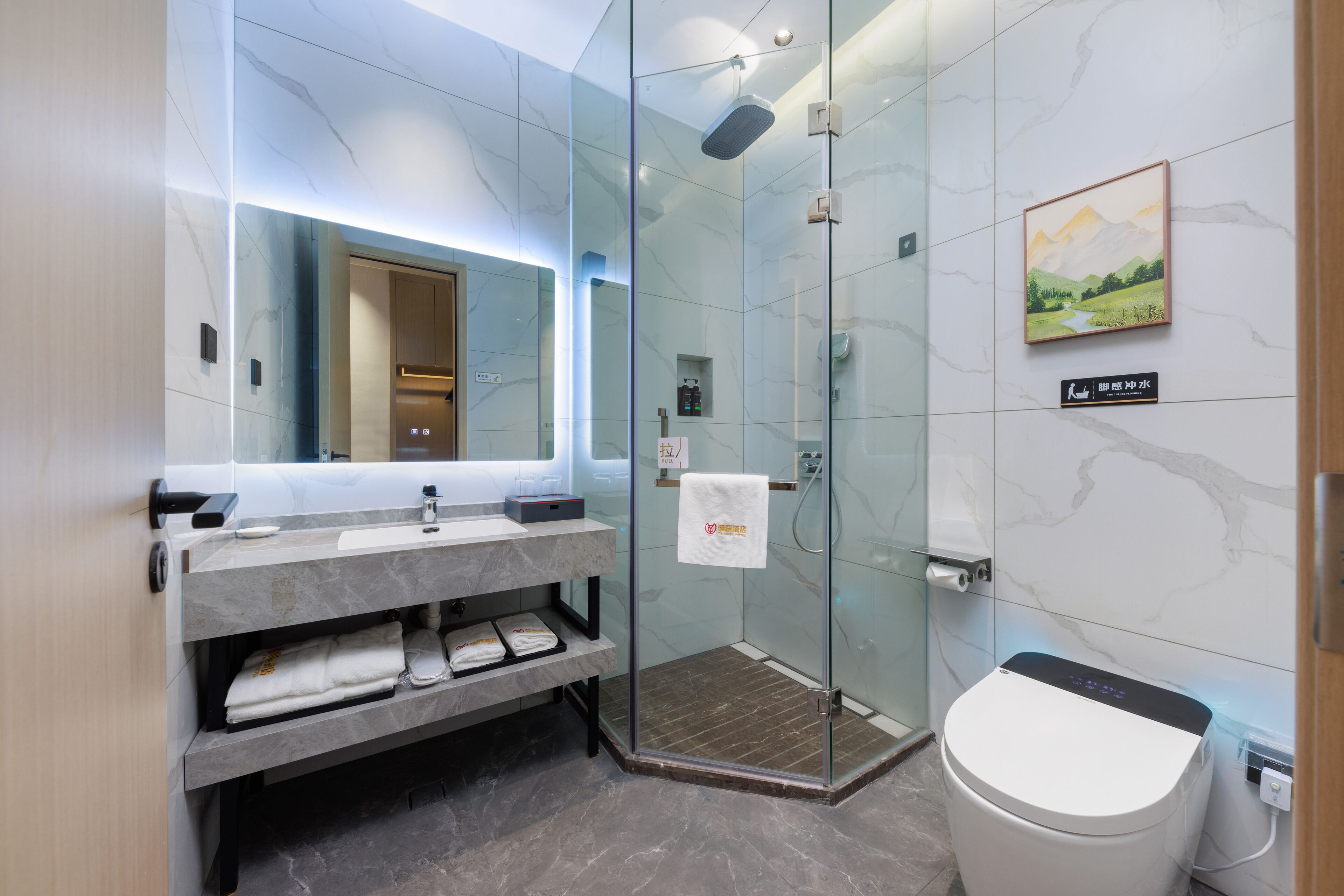 Shower, rainfall showerhead, hair dryer, towels