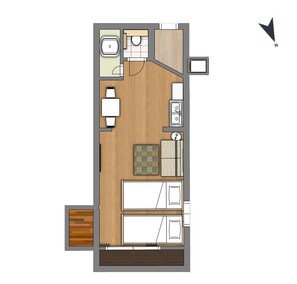 Plano de una habitación de hotel que muestra una cama, un escritorio, una silla, una mesita, un sofá, un baño y un armario.