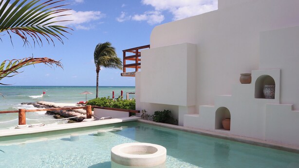 A pool area with clear water, a palm tree, and a view of the ocean. - La Palma Beachfront Hotel Boutique (Cancun)