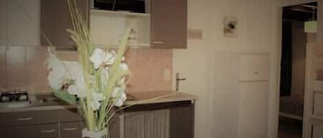 Fridge, microwave, coffee/tea maker, toaster