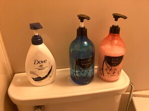 Hårføner, håndklær, såpe og sjampo