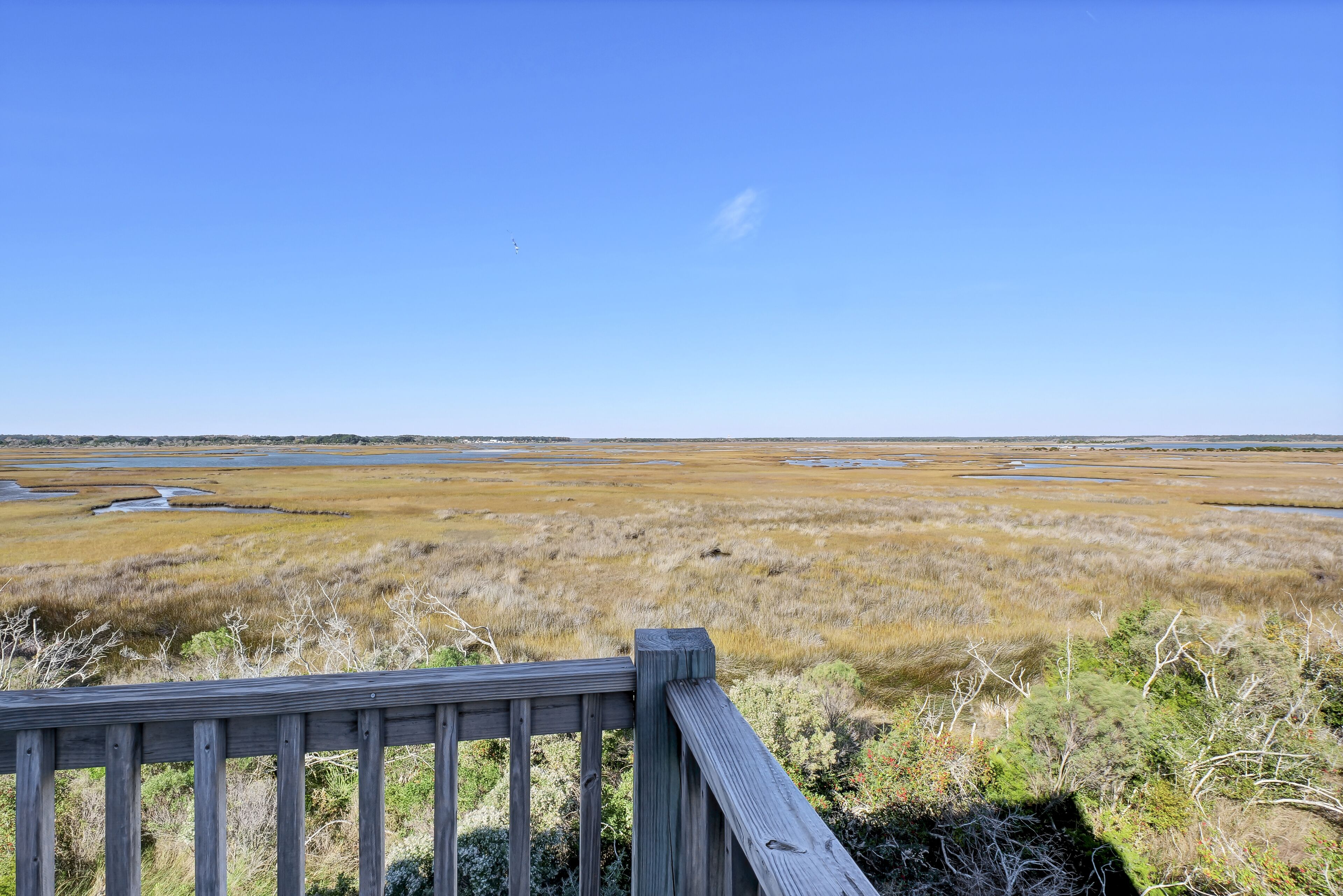 A wooden deck overlooking a marshy landscape with a clear sky.