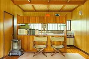 Fridge, microwave, cookware/dishes/utensils