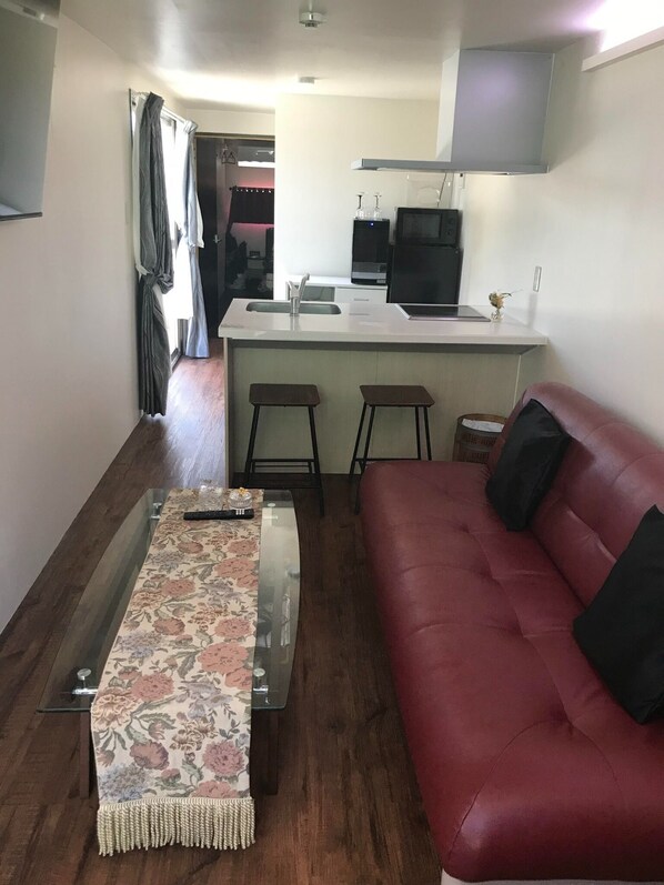 Ein kompakter Wohnraum mit rotem Sofa, Ottoman mit Blumenmuster, einer Küchenzeile inklusive Spüle und Barhocker sowie einem über der Arbeitsfläche montierten Fernseher.