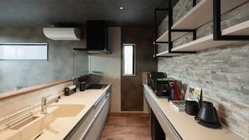 Fridge, microwave, stovetop, cookware/dishes/utensils