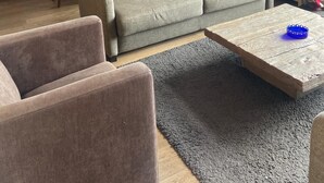 Un salon chaleureux avec un plafond en bois, un canapé gris, une table à manger avec des chaises et un téléviseur posé sur un meuble en bois.