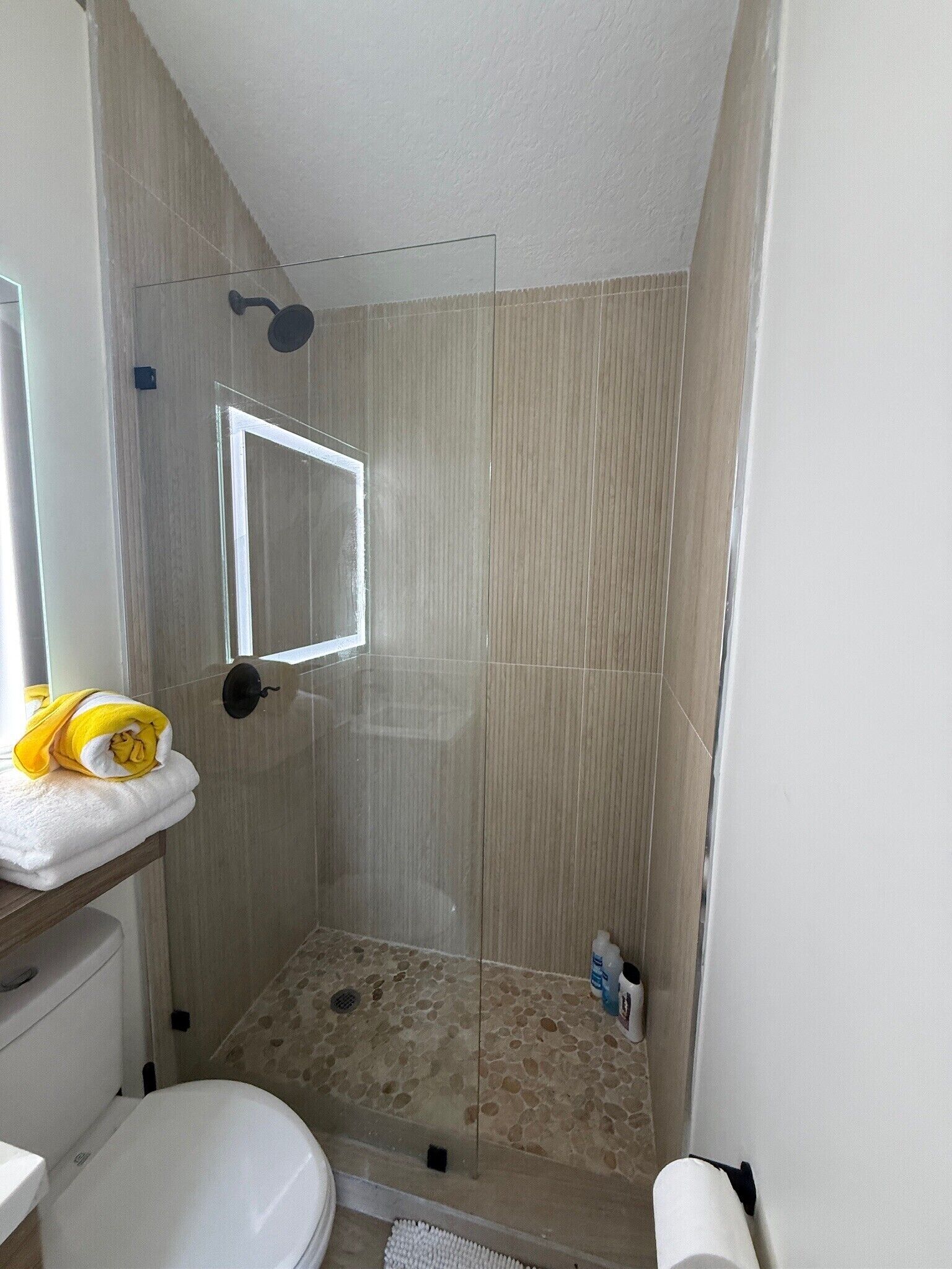 A bathroom with a glass-enclosed shower, a toilet, and a sink.