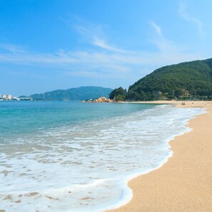 Enjoy a serene beach experience with calm waters and a gentle slope leading to a forested hill.