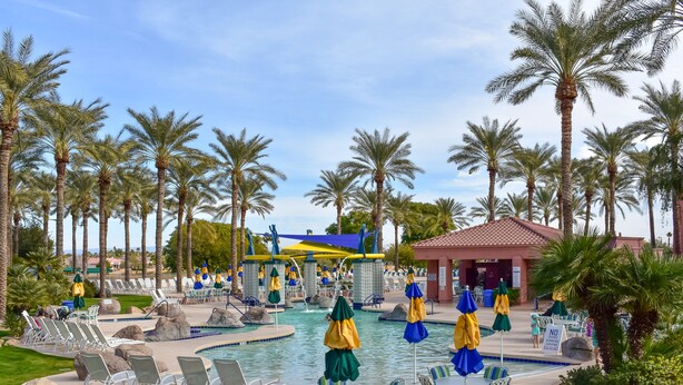 A pool area with lounge chairs, umbrellas, and palm trees. - Hike & Golf! Extended Surprise Stay w/ Pool Access (Surprise)