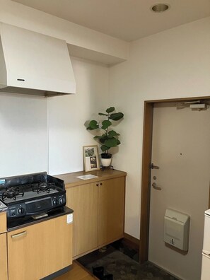 Kjøleskap, mikrobølgeovn, kokeplater og kjøkkenutstyr