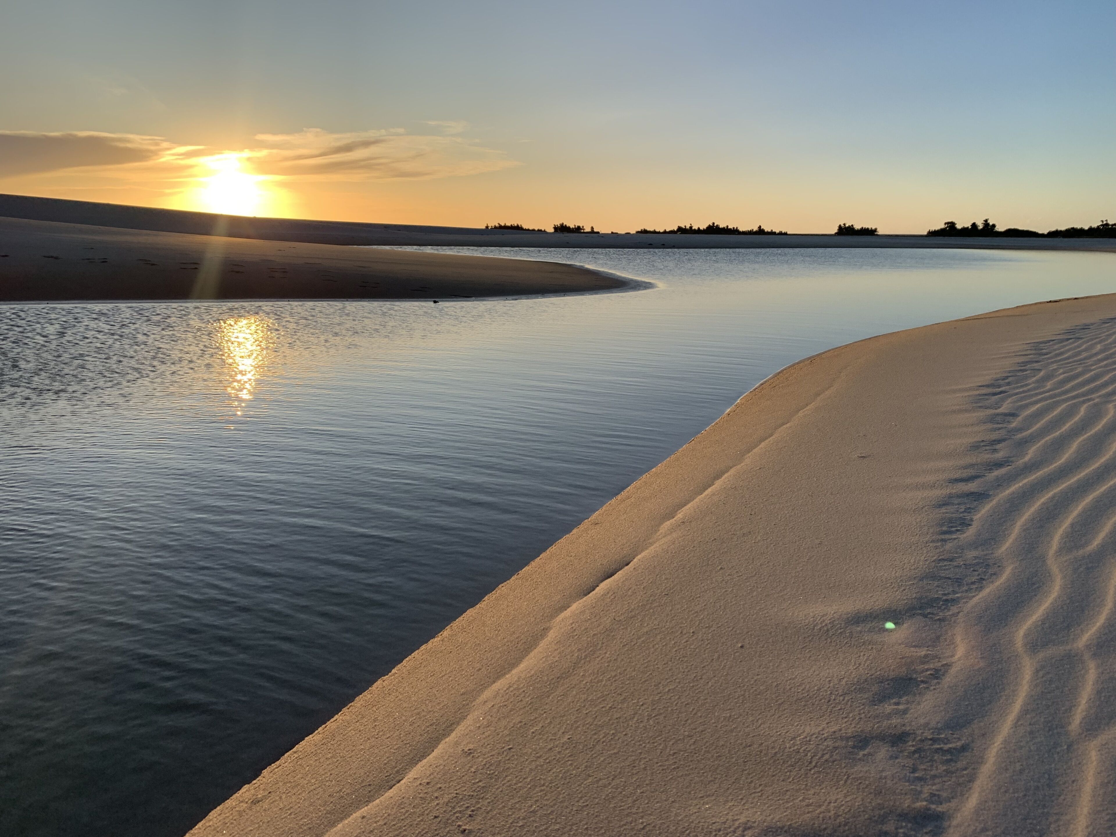 Une plage paisible, avec un ciel dégagé et le soleil se couchant sur l’eau.