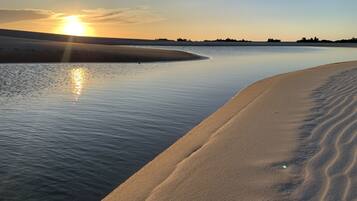 Une plage paisible, avec un ciel dégagé et le soleil se couchant sur l’eau.