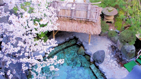 A traditional Japanese garden with a stone pond, cherry blossoms, a thatched-roof structure, and a stone lantern.