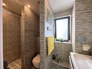 Douche, séchoir à cheveux, serviettes fournies, savon
