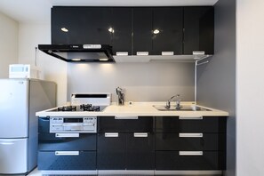 Kühlschrank, Mikrowelle, Herdplatte, Kochgeschirr/Geschirr/Besteck