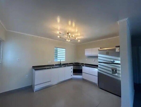 Frigorífico, horno, placa de cocina y utensilios de cocina