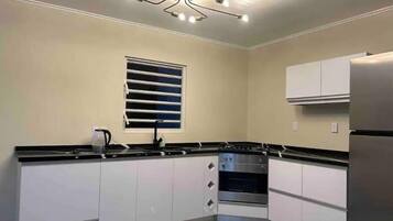 Geladeira, fogão, cooktop, talheres/pratos/utensílios de cozinha