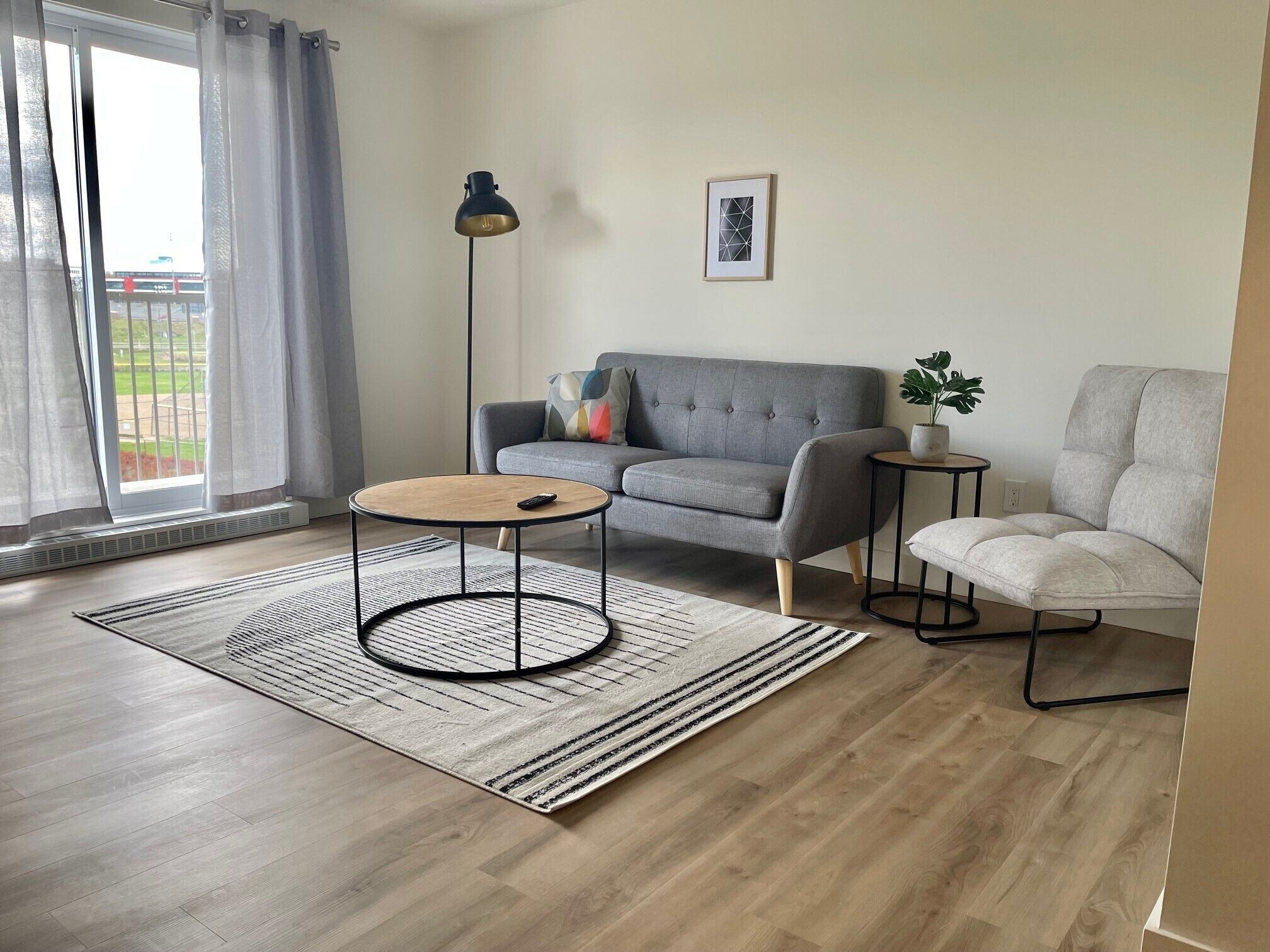 A modern living room with a grey sofa, a round coffee table, a floor lamp, and a small side table with a plant.