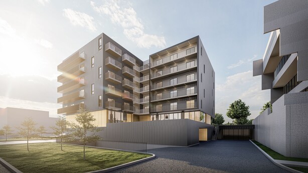 A modern multi-story residential building with balconies, a covered entrance, and a landscaped courtyard. - Appart-Hôtel L'UNI (Québec City)