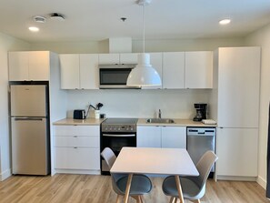 Full-sized fridge, microwave, oven, dishwasher