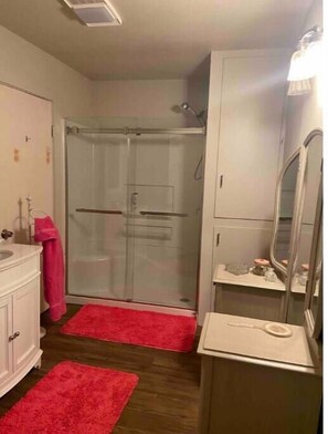 Shower, towels, soap, shampoo