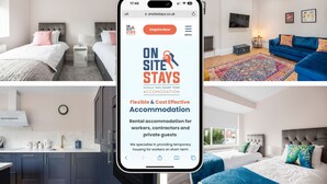 A smartphone displaying a website for 'On Site Stays' offering flexible and cost-effective rental accommodation for workers, contractors, and private guests.