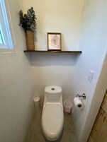 Un baño pequeño con un inodoro, un estante con un cuadro enmarcado y un rollo de papel higiénico.