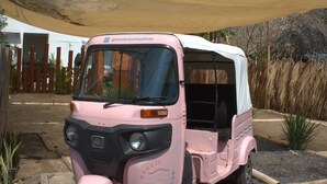 A pink three-wheeled vehicle parked under a shade structure.