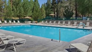 Una piscina rectangular con sillas de descanso y sombrillas.