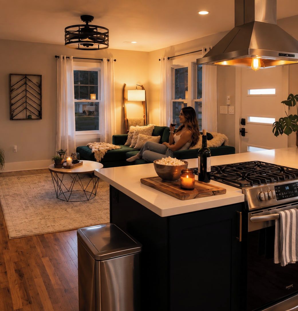 Una cocina moderna con una isla central, un comedor con sofá y una sala de estar con una persona sentada.