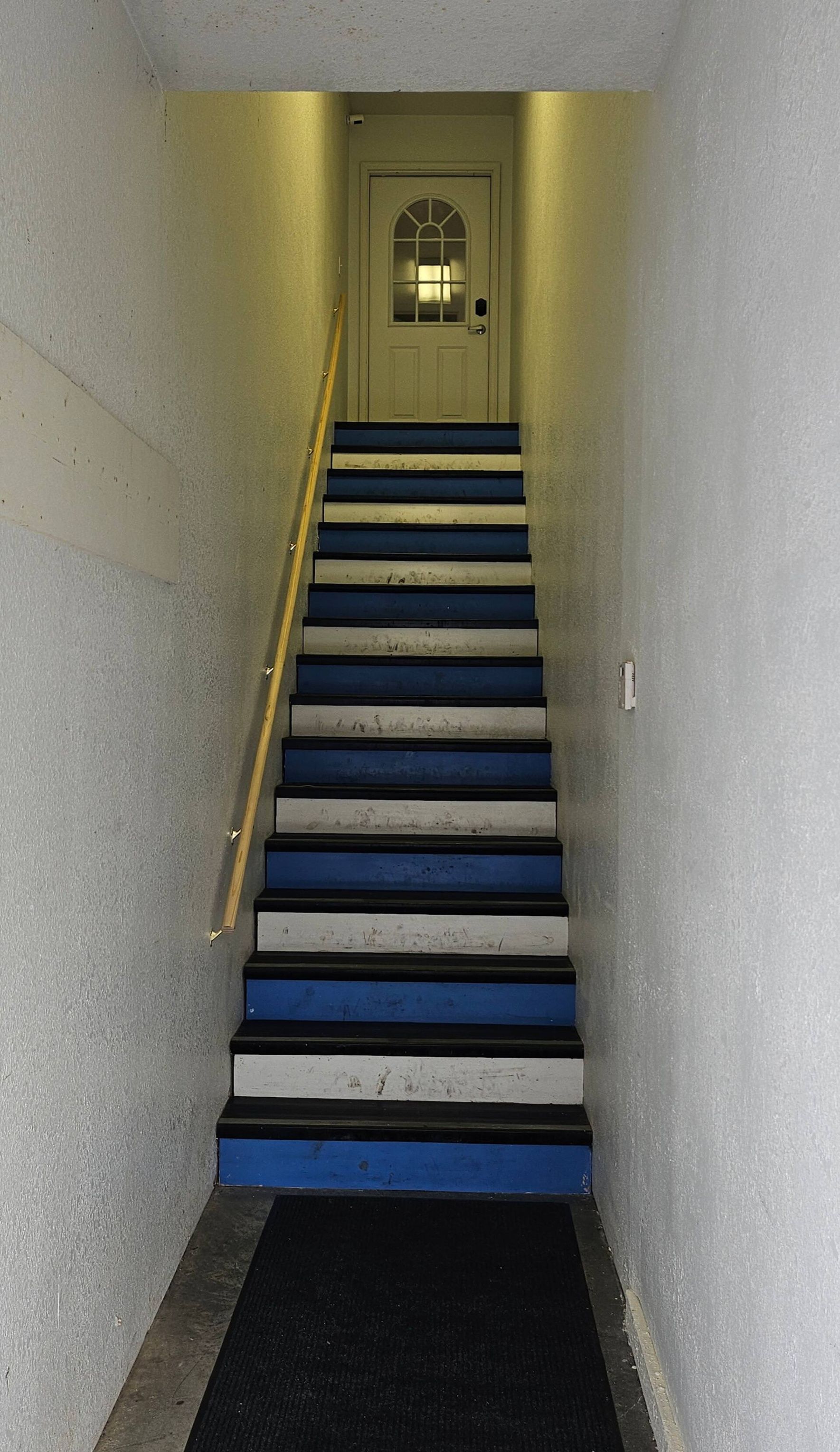 Una escala amb graons blaus i blancs alternats que condueix a una porta amb un panell de vidre.