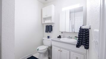 Hair dryer, towels, soap, shampoo