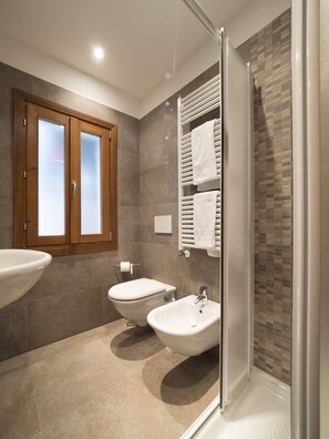 Chuveiro, secador de cabelo, toalhas de banho 