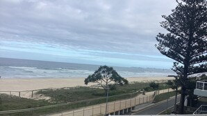 Uma estrada costeira com guarda-corpo de metal, uma árvore e vista para a praia e o oceano.