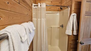 Hair dryer, towels, soap, shampoo