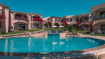 A swimming pool surrounded by multi-story buildings with balconies, a clear sky, and some greenery.