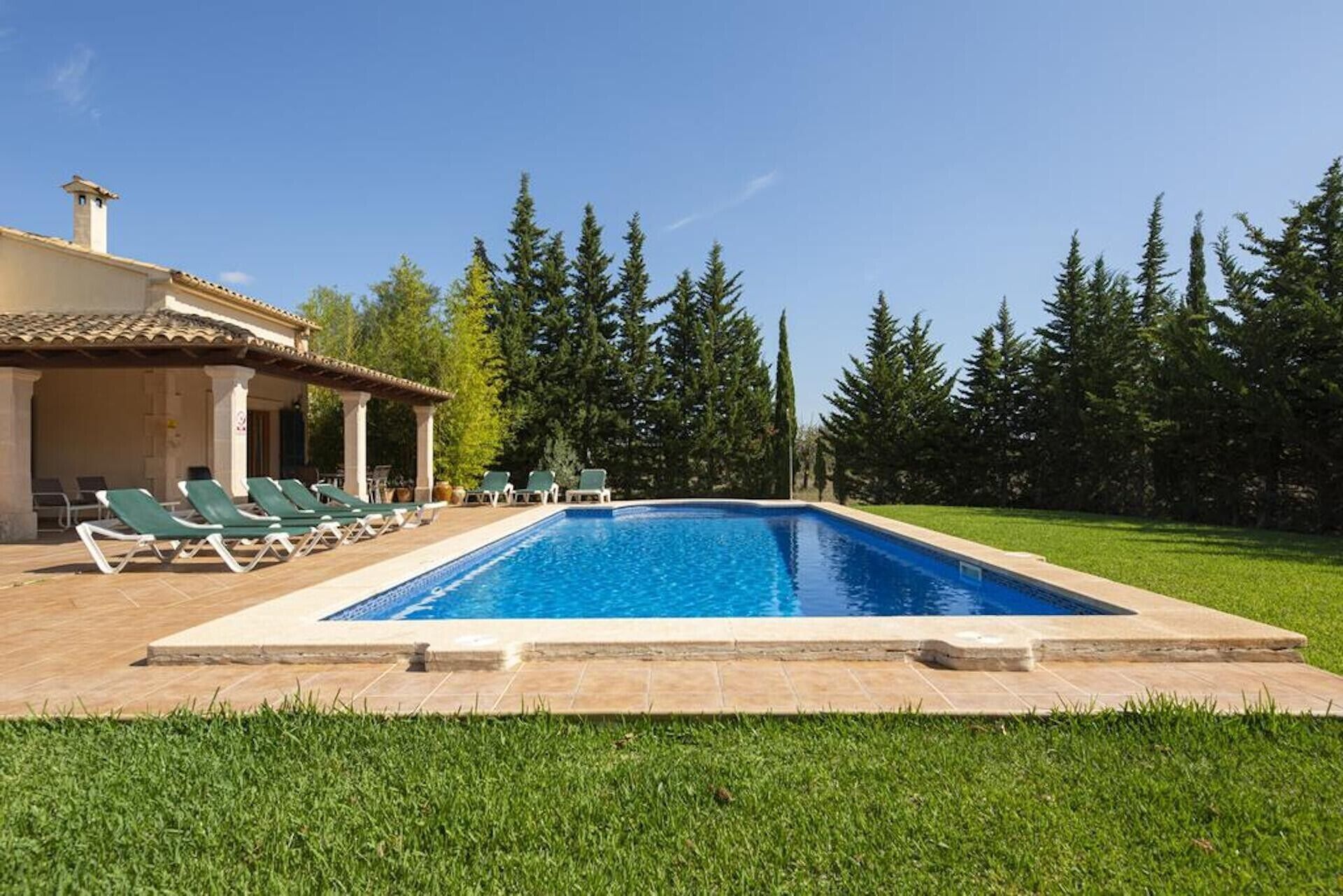 A rectangular swimming pool with a tiled deck, surrounded by green lawn and trees.